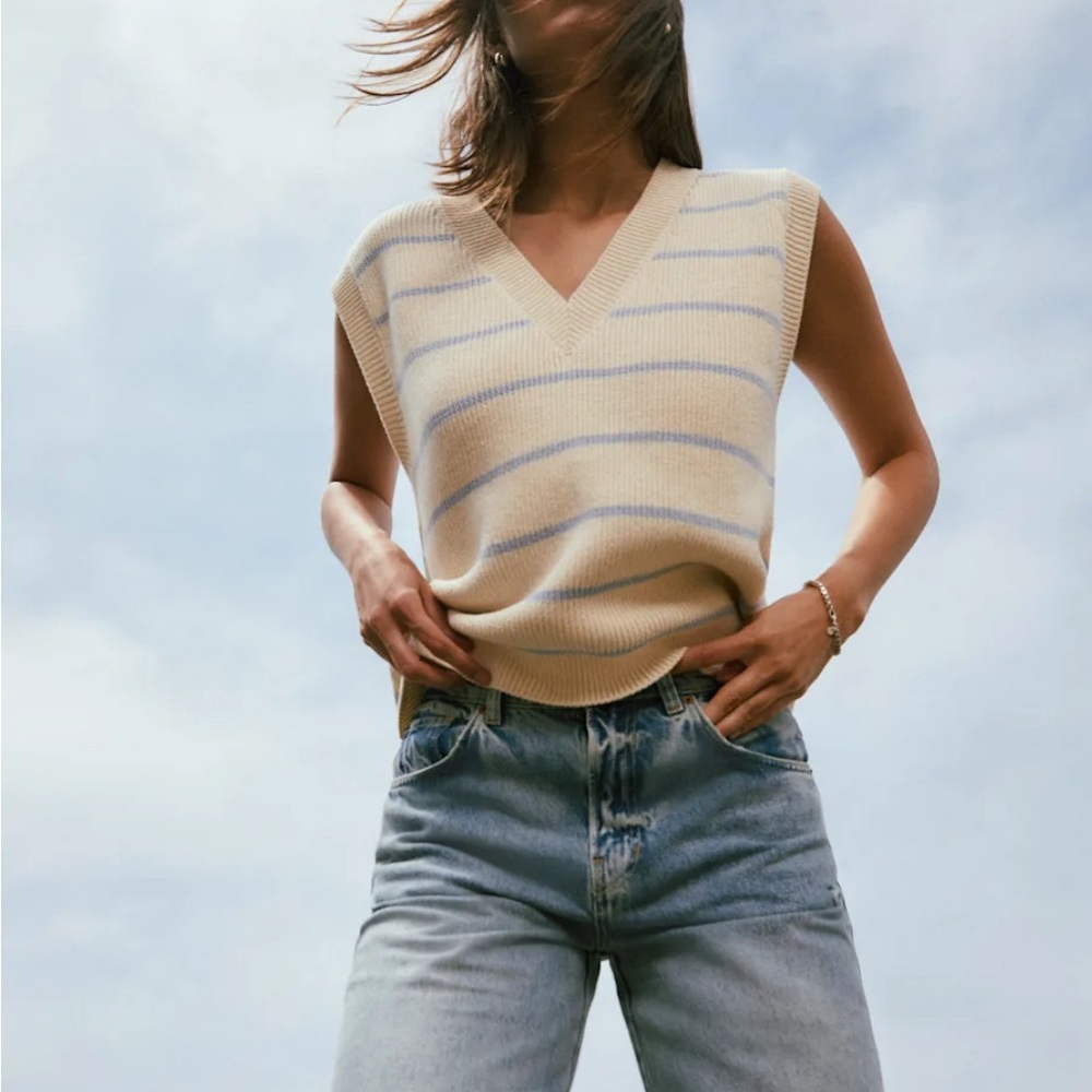 Reformation Cream and Blue Striped Blouse